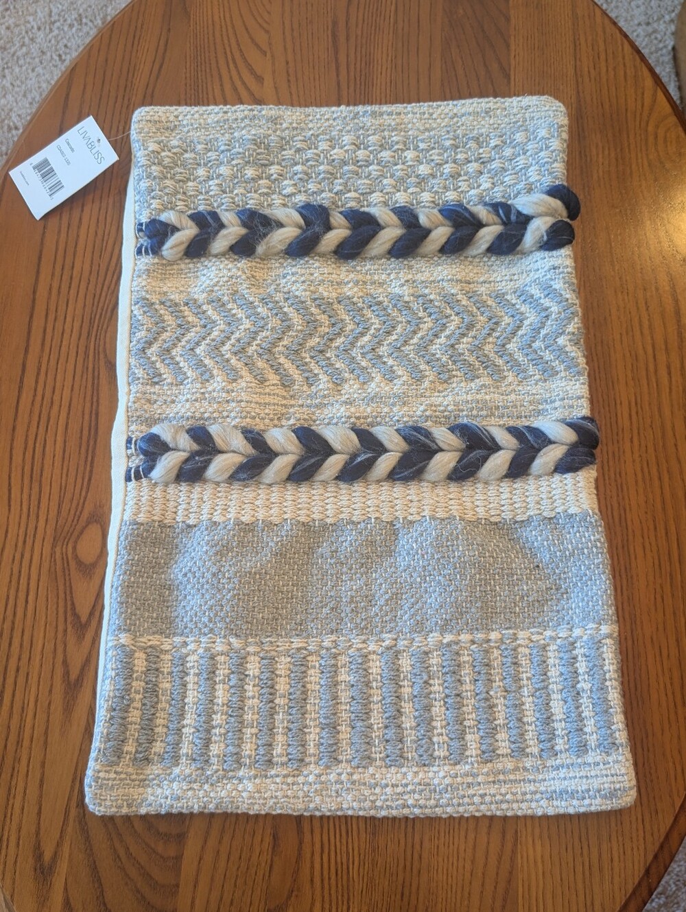 Livabliss Cascada Neutral Braided Accent Zip Pillow Cover, Cream and Blue - NEW